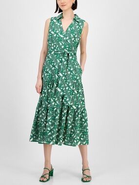 Tahari ASL Women’s Sleeveless Tie Waist Collard Shirtdress Sz 14 Green $159 NWT